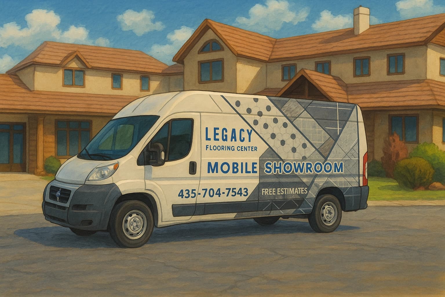 the legacy flooring mobile showroom van in a painting style