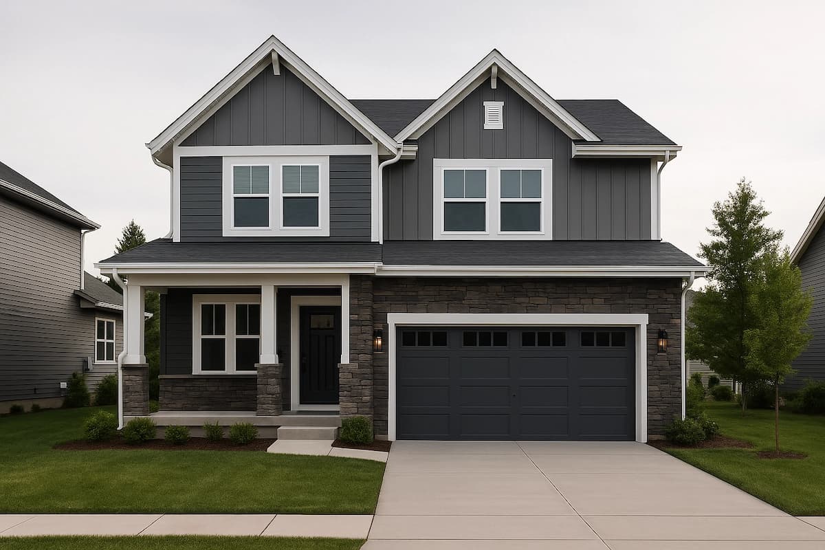 a beautiful craftsman home with grey stackstone facade and white outlines around the windows and garage door