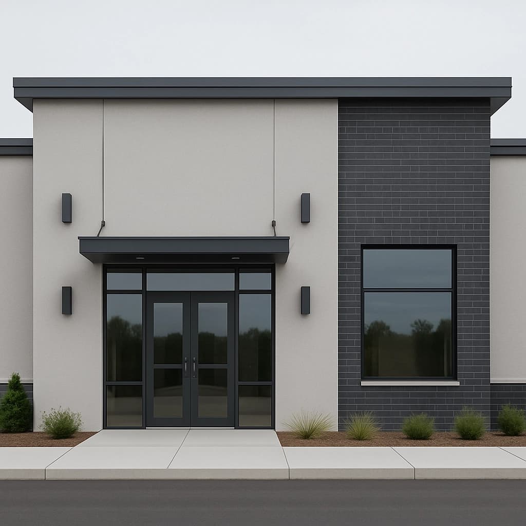 A modern office building with a white stucco front with glass doors and a dark grey brick accent wall with a window